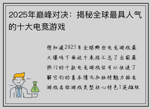 2025年巅峰对决：揭秘全球最具人气的十大电竞游戏